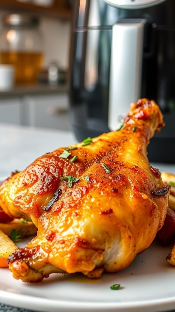 Easy Air Fryer Chicken Recipe Crispy air fryer chicken thigh on a plate with roasted vegetables and herbs.